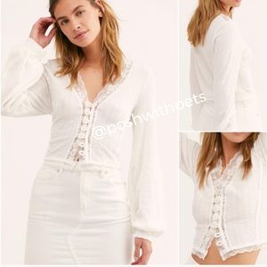 Free People NWOT Run With Me Lace Cardi Slim Fit Button Front Ivory Small New